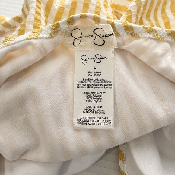 Jessica Simpson Striped Seersucker One Piece Swimsuit Mustard Yellow White Sz L - Picture 12 of 13